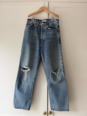 Redone DeVintage-Inspired Blue Distressed Jeans - cropped (with original hem)